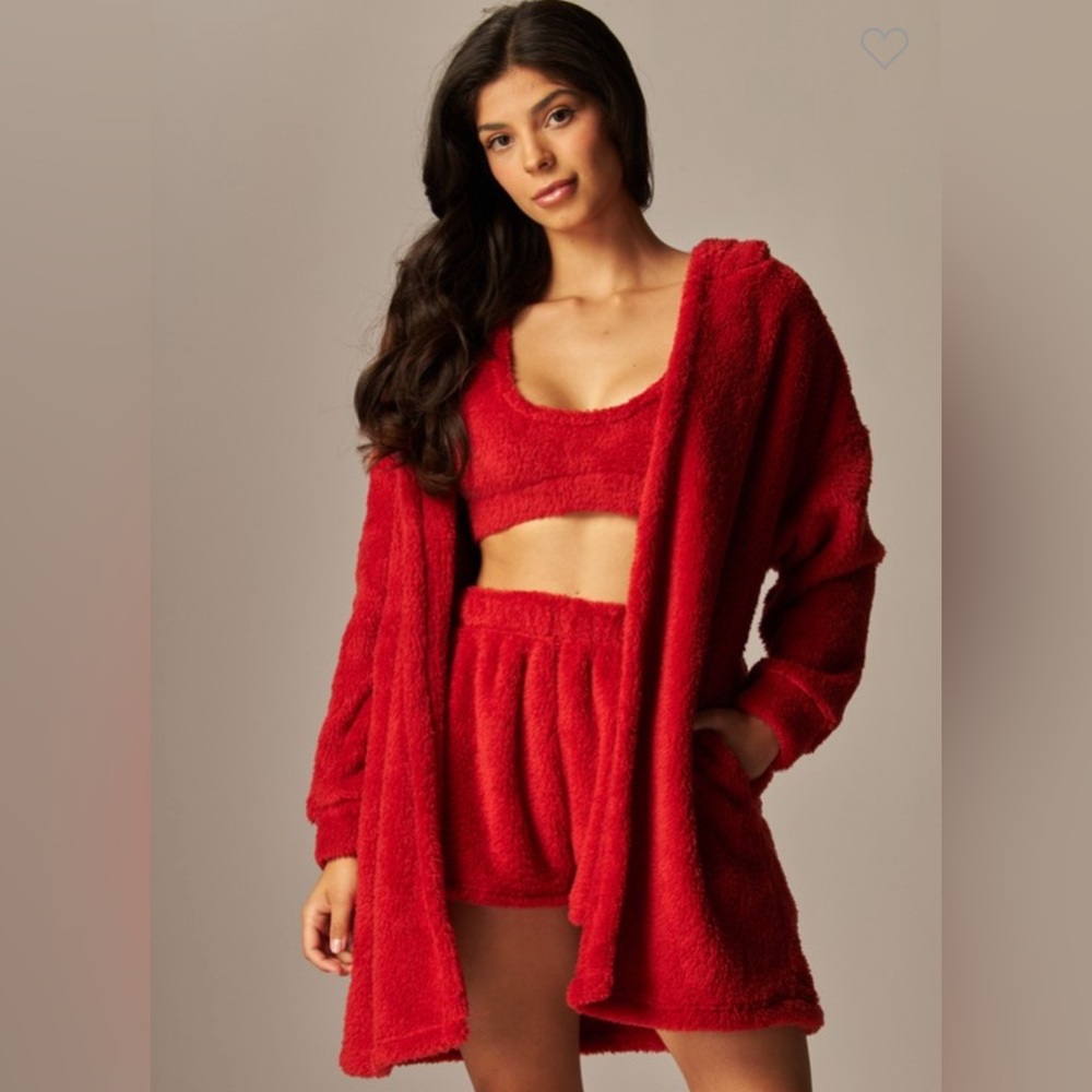 Classic red Cozy fleece 3-piece Cardigan Pajama Set